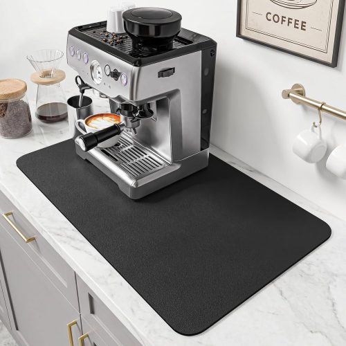 PoYang 24x16 Inch Coffee Mat, Large Dish Drying Mat, Black | Quickly Absorbs Spills, Stain-Hiding, Non-Slip & Heat-Resistant Mat for Coffee Maker, Espresso Machine & Kitchen Countertop