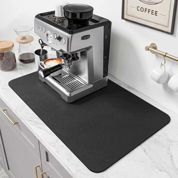 PoYang 24x16 Inch Coffee Mat, Large Dish Drying Mat, Black | Quickly Absorbs Spills, Stain-Hiding, Non-Slip & Heat-Resistant Mat for Coffee Maker, Espresso Machine & Kitchen Countertop