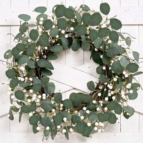 Green Eucalyptus Wreath 22inch Greenery Wreaths for Front Door Artificial Winter Wreath with Green Eucalyptus Leaves White Berries for Winter Christmas Window Wall Indoor Holiday Decoration