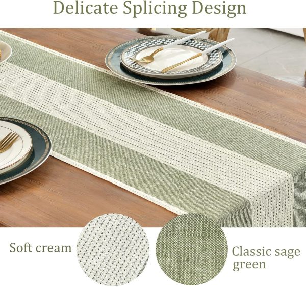 Wracra Linen Table Runner, Stripe Table Runners 72 Inches Sage Green | Delicate Splicing Design and Hand-Tassels;Cotton Linen Woven Fabric;Farmhouse Macrame Table Runner;Dresser Dining Table Decor