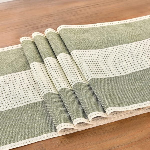 Wracra Linen Table Runner, Stripe Table Runners 72 Inches Sage Green | Delicate Splicing Design and Hand-Tassels;Cotton Linen Woven Fabric;Farmhouse Macrame Table Runner;Dresser Dining Table Decor