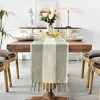 Wracra Linen Table Runner, Stripe Table Runners 72 Inches Sage Green | Delicate Splicing Design and Hand-Tassels;Cotton Linen Woven Fabric;Farmhouse Macrame Table Runner;Dresser Dining Table Decor