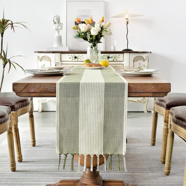 Wracra Linen Table Runner, Stripe Table Runners 72 Inches Sage Green | Delicate Splicing Design and Hand-Tassels;Cotton Linen Woven Fabric;Farmhouse Macrame Table Runner;Dresser Dining Table Decor