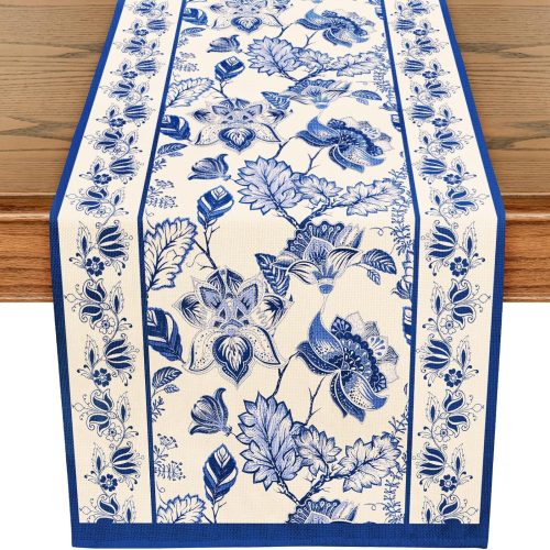 WF10476MAX_1 WRAPAHOLIC Blue Floral Table Runner - 13 x 72 Inch - Seasonal Spring Summer Farmhouse Indoor Kitchen Anniversary Wedding Dining Table Decorations for Home Party