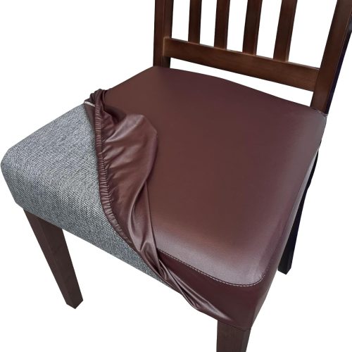 Waterproof Pu Leather Seat Covers for Dining Room Chairs Set of 4,Soft Chairs Seat Slipcovers,Dining Chair Cover Removable Washable Chair Protector Cover Stretch Kitchen Chair Covers