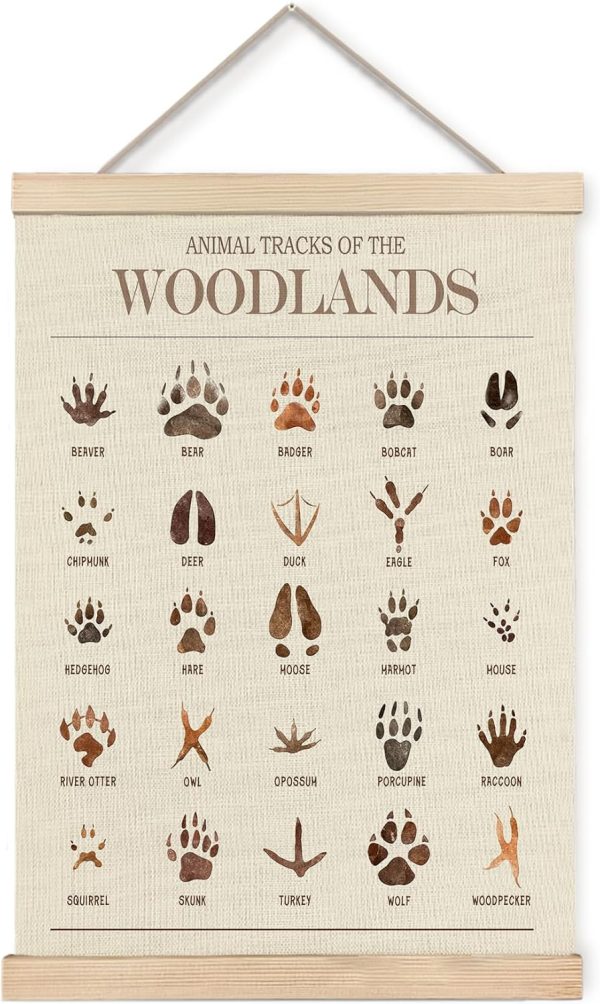 Foritho Animal Tracks of the Woodlands Poster Wall Art Framed, Woodland Nursery Decor, Jungle Forest Animal Tracks Field Guide Canvas Prints Wall Decor for Nursery Kids Room Playroom, 12x16 Inch