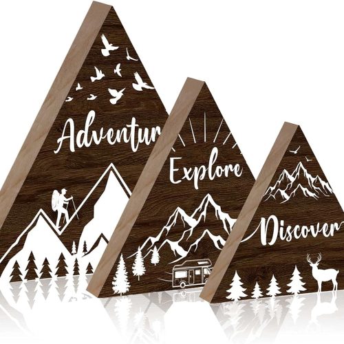WF10808MAX_1 Jetec 3 Pcs 3 Size Wooden Mountain Sign for Cabin, Rustic Mountain Wall Decor, Adventure Camping Cabin Decor Sign for Living Room Bedroom Shelf Decoration(Brown)