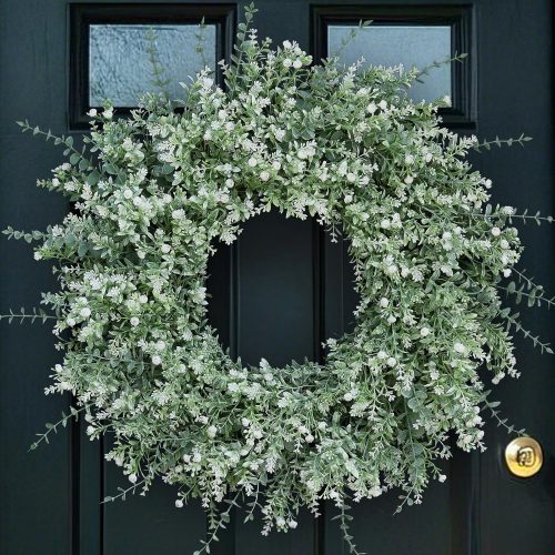 26''Large Artificial Eucalyptus Wreath for Front Door(White-Green) | Weather Resistant,Lifelike Eucalyptus Lavender with Babys Breath Flowers Wreath,for Home Farmhouse Wall Year-Round Use Decor