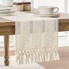 WF11199MAX_1 Macrame Style Boho Table Runner, 12x48 Inch Ivory | Woven Boho Table Runner with Handmade Tassels, Crochet Hollow Table Scarf, Farmhouse Kitchen Home Decor Dresser Runner