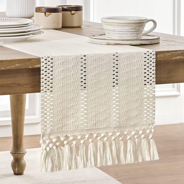 WF11199MAX_1 Macrame Style Boho Table Runner, 12x48 Inch Ivory | Woven Boho Table Runner with Handmade Tassels, Crochet Hollow Table Scarf, Farmhouse Kitchen Home Decor Dresser Runner