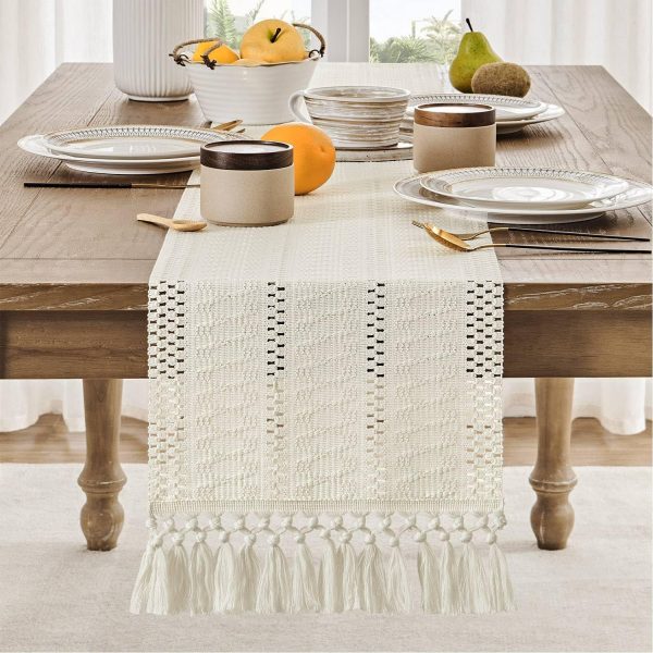 WF11199MAX_2 Macrame Style Boho Table Runner, 12x48 Inch Ivory | Woven Boho Table Runner with Handmade Tassels, Crochet Hollow Table Scarf, Farmhouse Kitchen Home Decor Dresser Runner