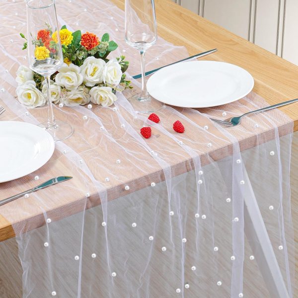 WF11207MAX_1 Pearl Table Runner 10FT, 30 x 120 Inch Lvory Boho Rustic Tulle Lace Table Runner for Spring Summer Birthday Baby Shower Wedding Party Table Decor