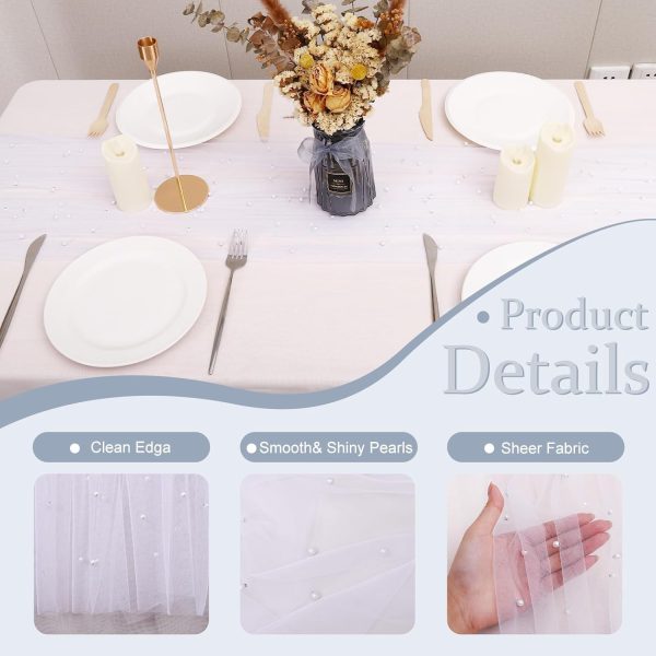 WF11207MAX_3 Pearl Table Runner 10FT, 30 x 120 Inch Lvory Boho Rustic Tulle Lace Table Runner for Spring Summer Birthday Baby Shower Wedding Party Table Decor