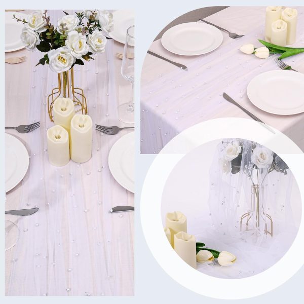WF11207MAX_4 Pearl Table Runner 10FT, 30 x 120 Inch Lvory Boho Rustic Tulle Lace Table Runner for Spring Summer Birthday Baby Shower Wedding Party Table Decor