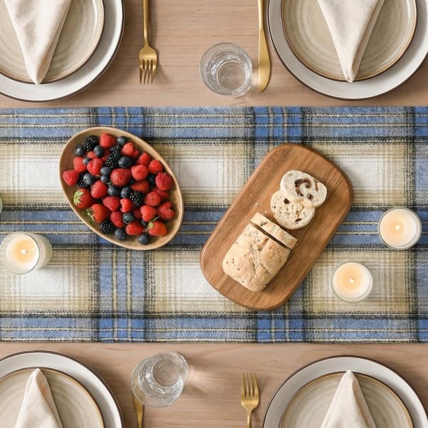 Artoid Mode Blue Light Coffe Farmhouse Plaid Spring Table Runner, Winter Rustic Holiday Check Kitchen Dining Table Decoration for Home Party Decor 13x48 Inch