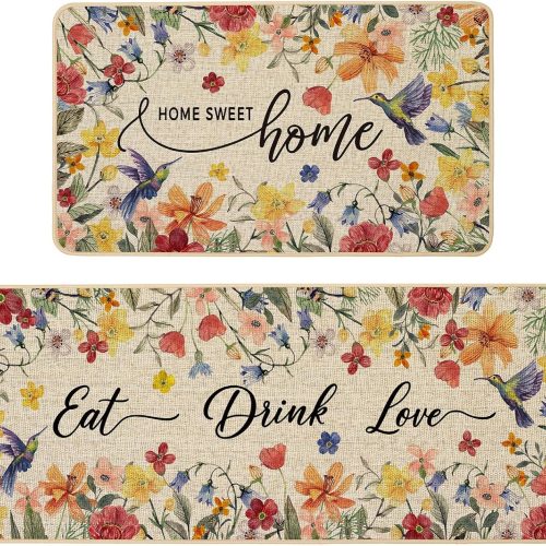 Baccessor Home Sweet Home Floral Kitchen Mats Set of 2,Spring Summer Hummingbird Flowers Kitchen Rugs Absorbent Non Slip Low-Profile Washable for Floor Home Decor 17x29 and 17x47 Inch