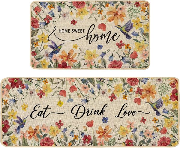 Baccessor Home Sweet Home Floral Kitchen Mats Set of 2,Spring Summer Hummingbird Flowers Kitchen Rugs Absorbent Non Slip Low-Profile Washable for Floor Home Decor 17x29 and 17x47 Inch