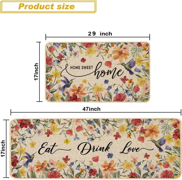 Baccessor Home Sweet Home Floral Kitchen Mats Set of 2,Spring Summer Hummingbird Flowers Kitchen Rugs Absorbent Non Slip Low-Profile Washable for Floor Home Decor 17x29 and 17x47 Inch