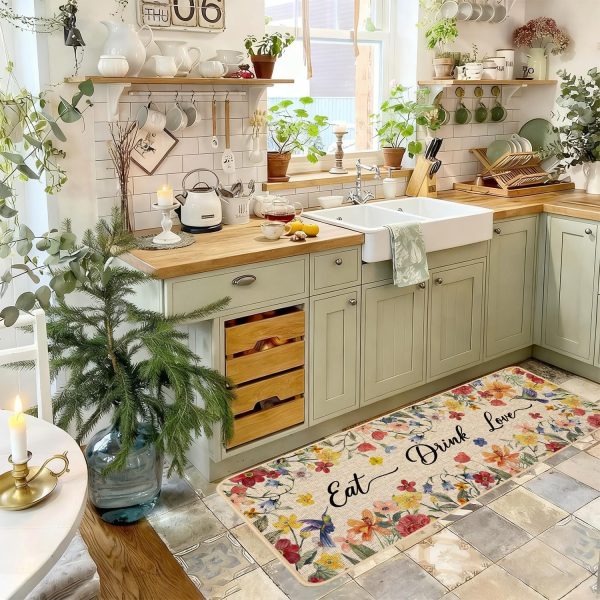 Baccessor Home Sweet Home Floral Kitchen Mats Set of 2,Spring Summer Hummingbird Flowers Kitchen Rugs Absorbent Non Slip Low-Profile Washable for Floor Home Decor 17x29 and 17x47 Inch