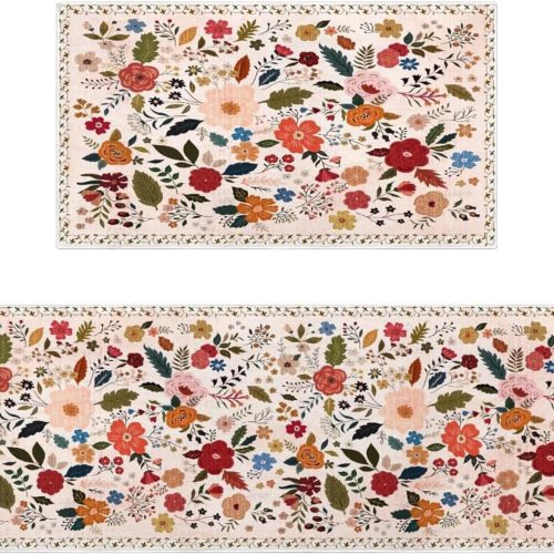 Boho Floral Kitchen Rug Sets of 2 Non Slip Washable Country Spring Kitchen Mats for Floor 2 Piece Colorful Flower Farmhouse Kitchen Rugs Home Decor