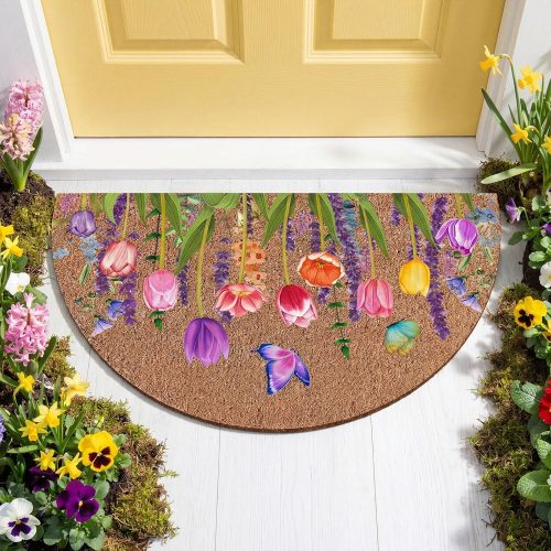 Ceenna Spring Coir Doormat Half Round Spring Welcome Doormat 16'' x 24'' Flower Butterfly Non Slip Outdoor Rugs for Home Garden Entrance Front Porch Decor
