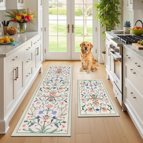 WF11497MAX_1 Ileading Kitchen Mat Sets 2 Piece,Plant Florals Rugs for Kitchen Floor,Stain Resistant Standing Mats with Non Slip Rubber Backing,Waterproof Runner Rugs for Laundry,Doormat,Entryway(Beige Florals)