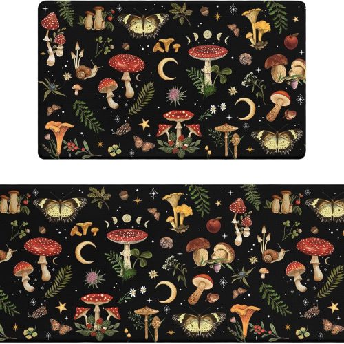 Mushroom Rug Kitchen Mats for Floor Cushioned Anti Fatigue Kitchen Rugs Sets of 2, Non Slip Waterproof Black Kitchen Floor Mat, Comfort Memory Foam Standing Mat for Office Laundry Sink Desk