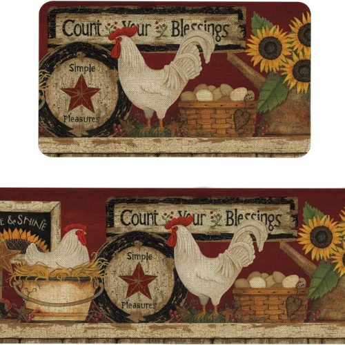 WF11652MAX_1 Roszwtit Farmhouse Kitchen Rugs and Mats Set of 2, Farm Rooster Kitchen Mat, Seasonal Holiday Cooking Sets Washable Non-Slip Floor Mats for Home Kitchen Decor - 17x29 and 17x47 Inch