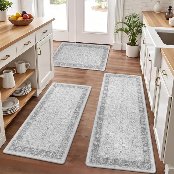 Pauwer Anti Fatigue Kitchen Floor Mats Set of 3, Cushioned Rugs, Light Grey | Non Slip Comfort Standing Mat, PVC Foam Padded Kitchen Rugs, Waterproof Sink Rug for Small Kitchen Area, Laundry Room