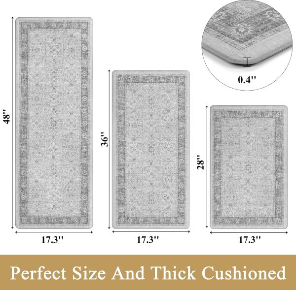 Pauwer Anti Fatigue Kitchen Floor Mats Set of 3, Cushioned Rugs, Light Grey | Non Slip Comfort Standing Mat, PVC Foam Padded Kitchen Rugs, Waterproof Sink Rug for Small Kitchen Area, Laundry Room