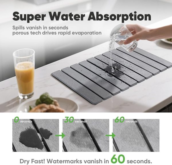 WF11695MAX_2 Stone Drying Mat for Kitchen Counter, Quick Diatomaceous Earth Mats for Dishes, 24"L x 16" W Super Absorbent Fast-Drying Collapsible Countertop Stone Mat (Light Grey, 24" x 16")