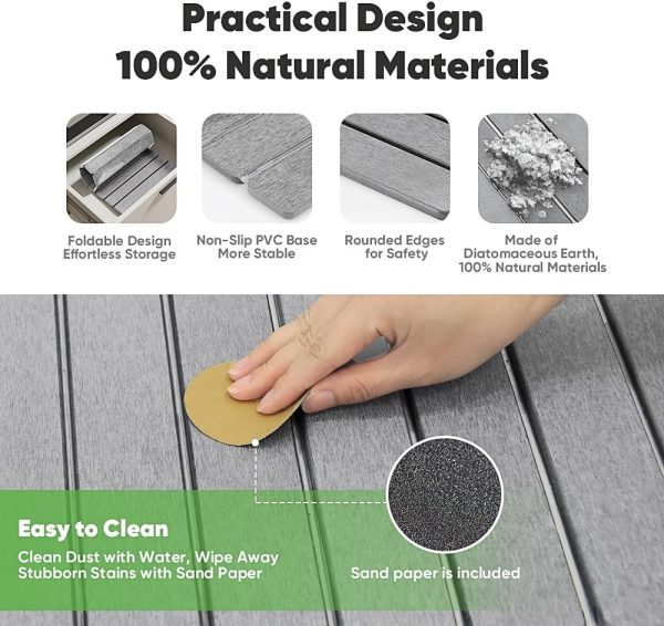WF11695MAX_3 Stone Drying Mat for Kitchen Counter, Quick Diatomaceous Earth Mats for Dishes, 24"L x 16" W Super Absorbent Fast-Drying Collapsible Countertop Stone Mat (Light Grey, 24" x 16")