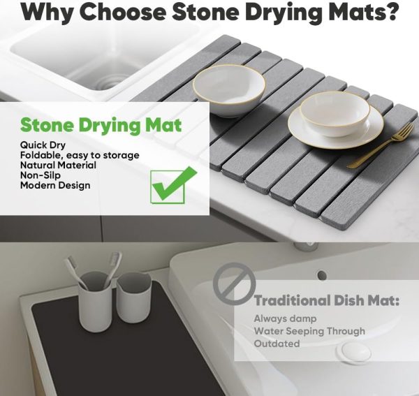 WF11695MAX_4 Stone Drying Mat for Kitchen Counter, Quick Diatomaceous Earth Mats for Dishes, 24"L x 16" W Super Absorbent Fast-Drying Collapsible Countertop Stone Mat (Light Grey, 24" x 16")