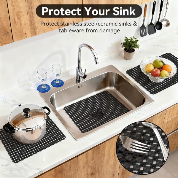 WF11698MAX_3 YDKGL Kitchen Sink Mat Sink Protectors for Stainless Steel Ceramic Sinks | PVC Protectors Mats for Bottom of Kitchen Sink, Dishes and Glassware Drain Mats, Durabl & Fast Draining Black 15.7"x11.8"