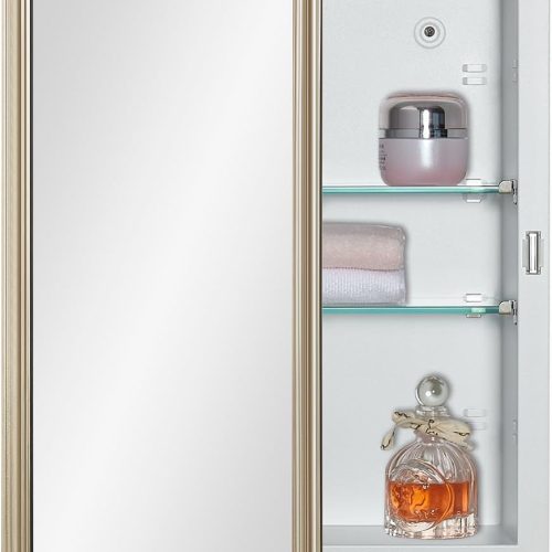 IDYLLOR White Medicine Cabinet with 14x18 Inch Gold Frame Mirrored Door, Wall Mounted Storage, Recessed or Surface Mount, 2 Adjustable Glass Shelves, Vanity Organizer for Bathroom, Bedroom, Hallway
