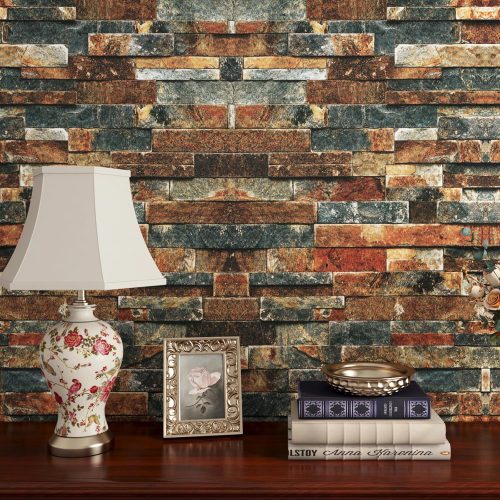 FunStick Vintage Faux Brick Wallpaper Peel and Stick 3D Textured Squares Brown Red Blue Brick Wall Paper Roll for Kitchen Bedroom Waterproof Brick Contact Paper for Walls Fireplace Removable 15.8"x80"