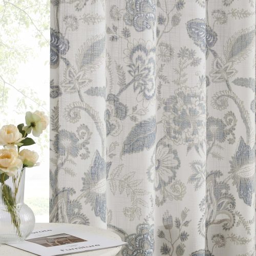 Kayne Studio Blue Grey Jacobean Floral Rod Pocket Semi Sheer Curtains 84" L | Boho Botanical Leaf Print Vintage Farmhouse Drapes Living Room Bedroom,Back Tab Light Filtering Window Treatment,52"W,2Panels