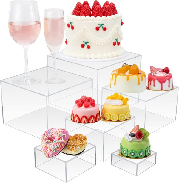 WF1262MAX_1 Cliselda 6Pcs Clear Buffet Risers Set 3" to 8" Acrylic Display Box | Food Risers for Buffet Table Party Cupcake Candy Desset Acrylic Nesting Risers Display Stands Cube Boxes with Hollow Bottoms