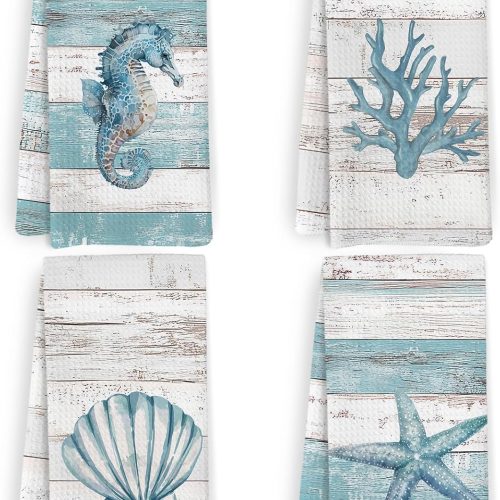 WF12916MAX_1 Beach Coastal Kitchen Towels and Dishcloths Set of 4, Lake House Nautical Beachy Dish Towels, Starfish Seahorses Coral Seashell Decorative Hand Tea Towel for Bathroom Kitchen, 16x24 Inches