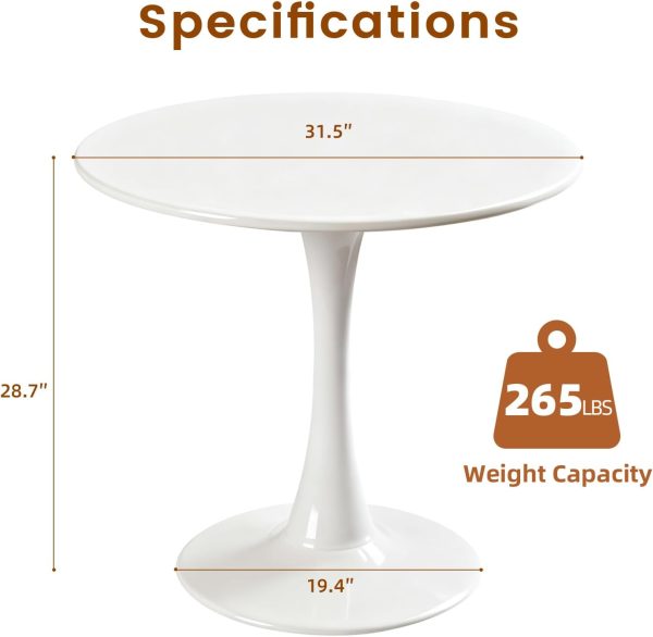 WF1386MAX_3 Round Dining Tulip Table for 4, Mid-Century Modern Table with Sturdy Metal Pedestal for Kitchen, Bistro, Cafe, Leisure (White, 31.5 INCH)