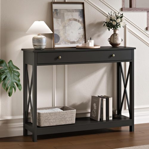 Treocho Black Console Table with Drawer and Storage Shelves, Foyer Sofa Table Narrow for Entryway, Living Room, Hallway