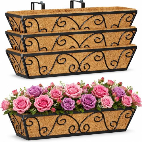 24 Inch Railing Planter Box 4 Pack, Adjustable Window Metal Box Planter with Coco Liner, Hanging Flower Planter for Balcony Deck Fence Porch Patio, Black