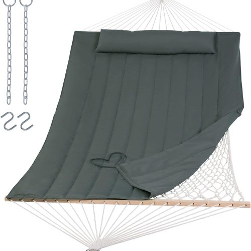 SUNCREAT Portable Double Rope Hammock with Pad, Two Person Tree Hammock for Garden, Backyard, Patio, Poolside, Gray Green