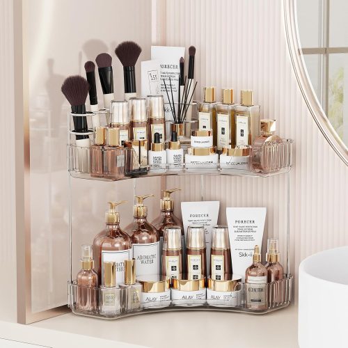 WF2735MAX_1 Asayuee 2-Tier Corner Bathroom Counter Organizer with Top Toothbrush Holders,Large Makeup Organizer Countertop with Brush Holder,Skincare Organizers Corner,Exquisite Vanity Organizer(Clear, 2 Tier)