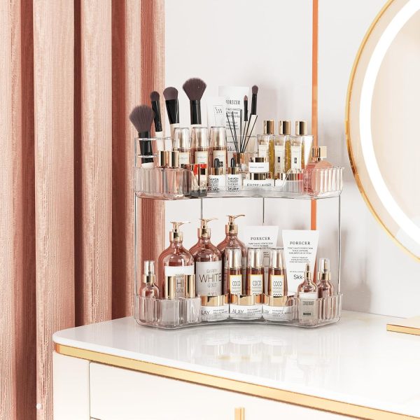 WF2735MAX_4 Asayuee 2-Tier Corner Bathroom Counter Organizer with Top Toothbrush Holders,Large Makeup Organizer Countertop with Brush Holder,Skincare Organizers Corner,Exquisite Vanity Organizer(Clear, 2 Tier)
