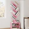 SUNMORY 6 Tier Tree Bookshelf, Tall Small Bookcase with Storage Cabinet | Modern Narrow Bookshelves Organizer, Floor Standing Book Case Shelf for Bedroom Living Room Home Office Corner, Pink