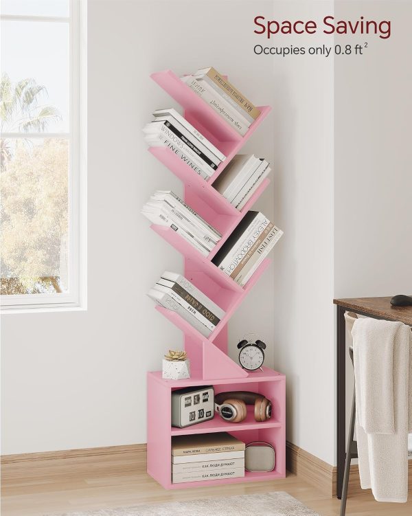 SUNMORY 6 Tier Tree Bookshelf, Tall Small Bookcase with Storage Cabinet | Modern Narrow Bookshelves Organizer, Floor Standing Book Case Shelf for Bedroom Living Room Home Office Corner, Pink