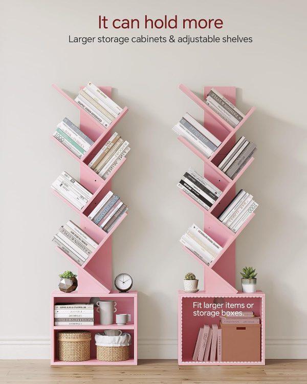 SUNMORY 6 Tier Tree Bookshelf, Tall Small Bookcase with Storage Cabinet | Modern Narrow Bookshelves Organizer, Floor Standing Book Case Shelf for Bedroom Living Room Home Office Corner, Pink