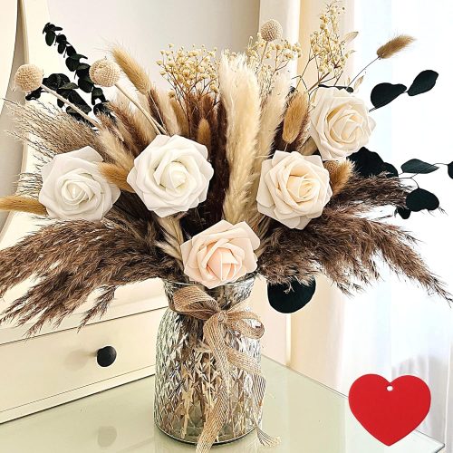 WF3038MAX_1 100pcs Artificial Flowers Arrangement With Vase Included, Dining Table Centerpiece Decorations, Fake Flowers in Vase, Dried Pampas Grass Floral Centerpieces, Coffee Table Decor, Centro de Mesa