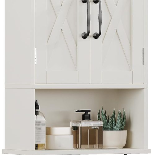 ChooChoo Small Medicine Cabinet with Towel Bar, Hanging Storage, 3 Hooks | Farmhouse Bathroom Wall Cabinet, Over The Toilet Storage Cabinet, Adjustable Shelf, 7 x 15 x 22 Inches, White